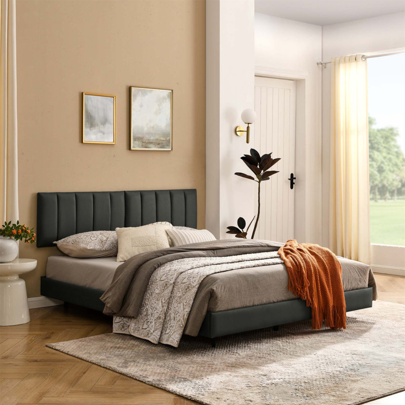 Latitude Run Cobie Floating Bed Frame With Wall Mounted Headboard Modern Low Profile Platform Bed Frame Faux Leather Upholste Platform Bed Frame No Box Spring Needed Wayfair